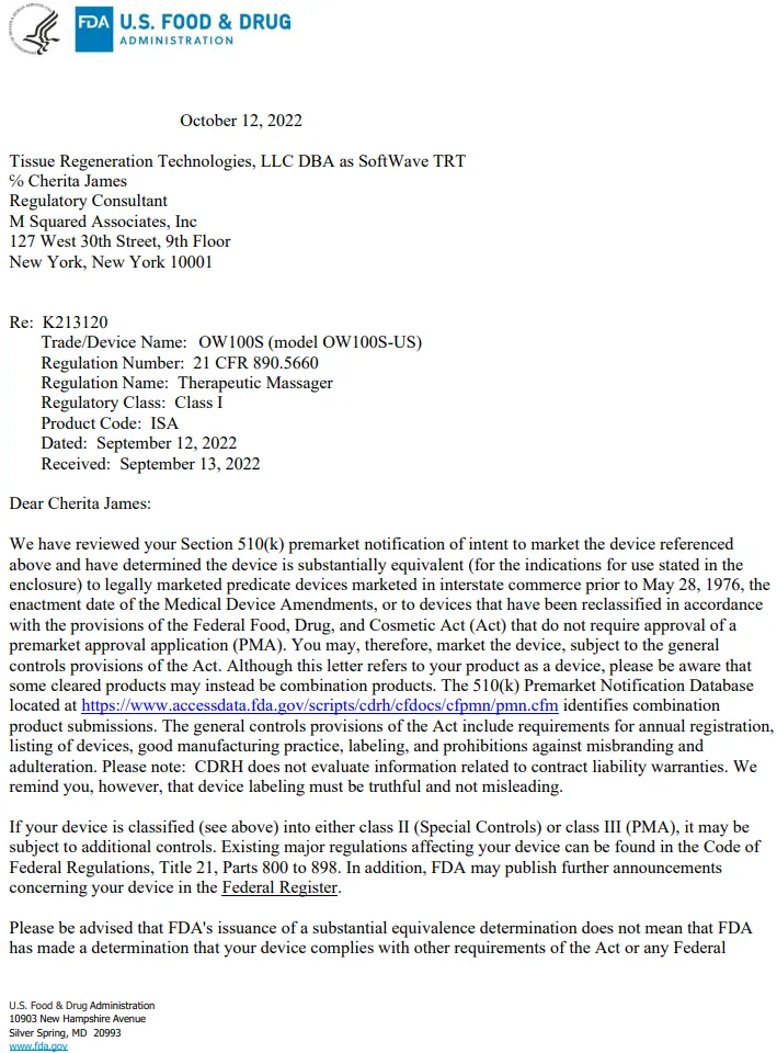 FDA Clearance of SoftWave Therapeutic Masager