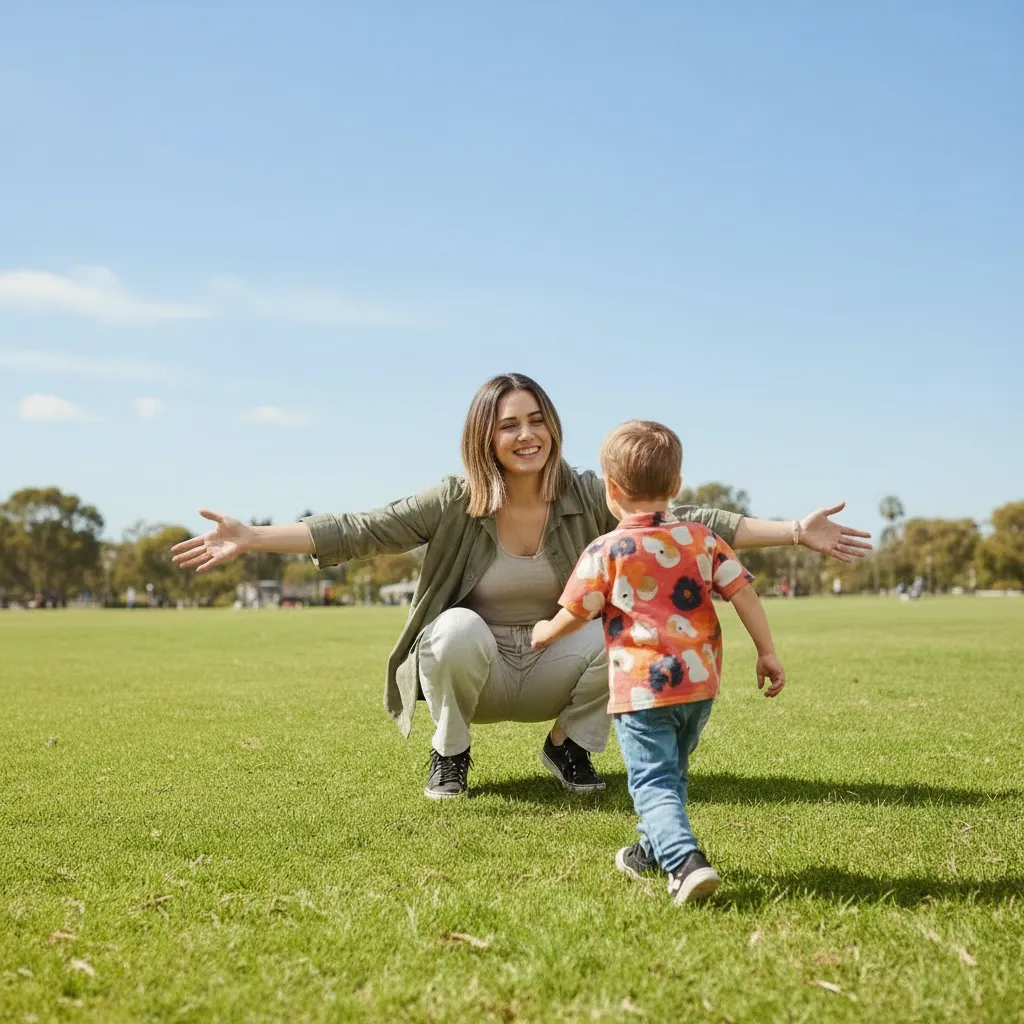 Woman greeting young boy