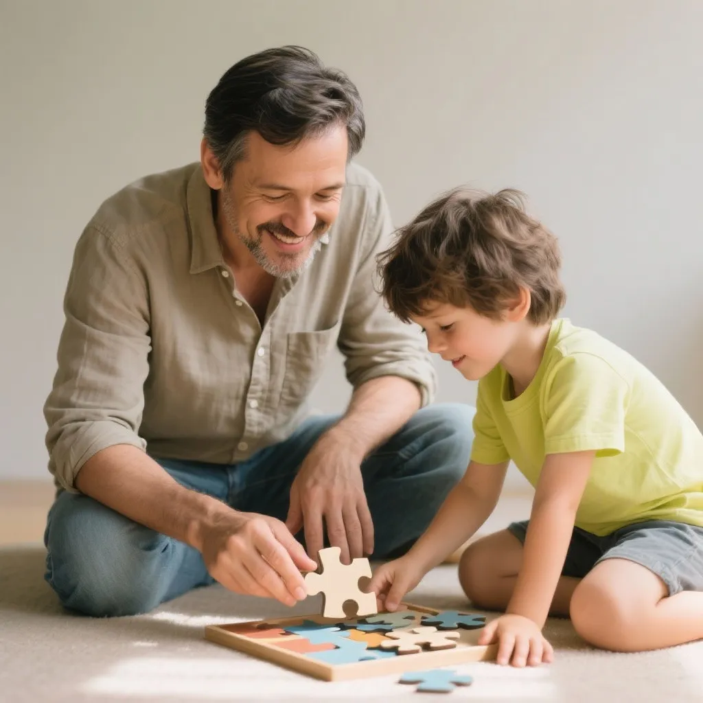 Father and son working on a puzzle