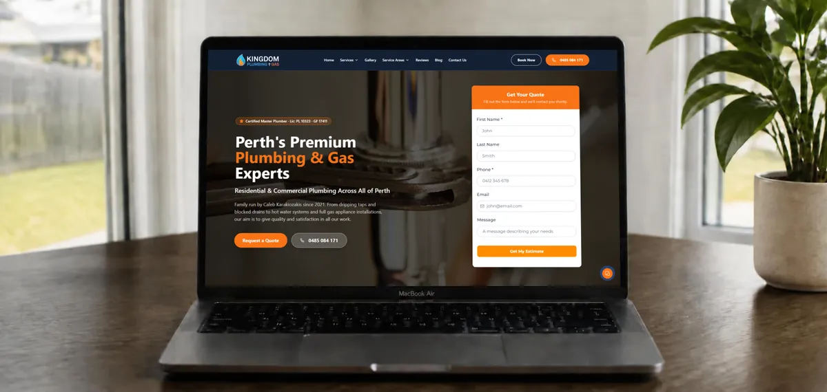 Tradie business owner reviewing a high-converting website on a laptop (blog featured image)