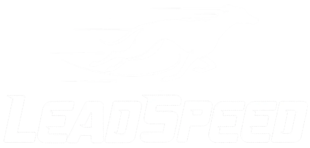 LeadSpeed logo featuring a running greyhound, symbolizing speed and efficiency in marketing services for landscapers.