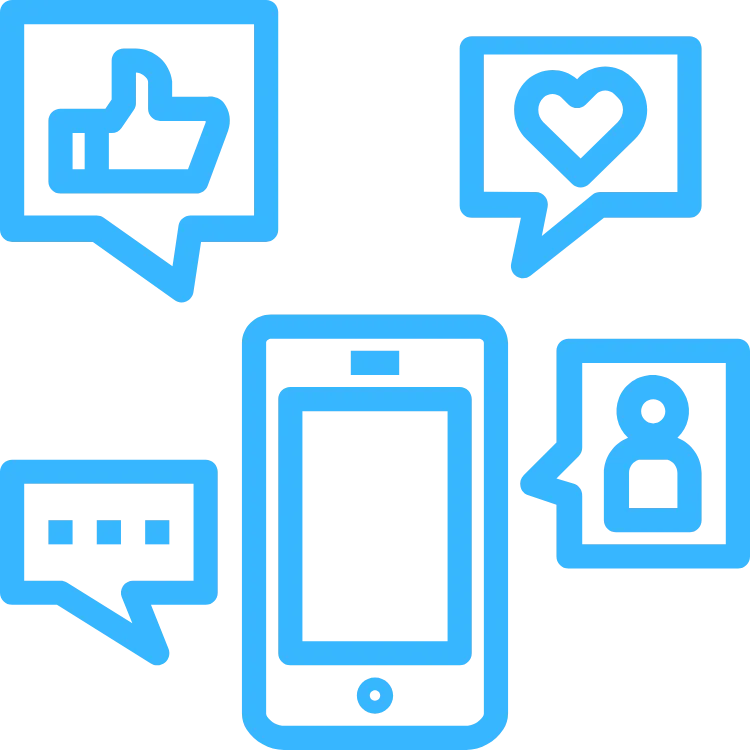 Smartphone surrounded by social media icons including thumbs up, heart, chat bubble, and user profile, representing online engagement and marketing solutions for local businesses.