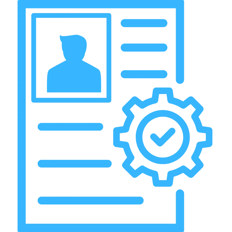 User profile document with a checkmark and gear icon, representing verification and customization in marketing solutions for Lead Speed.