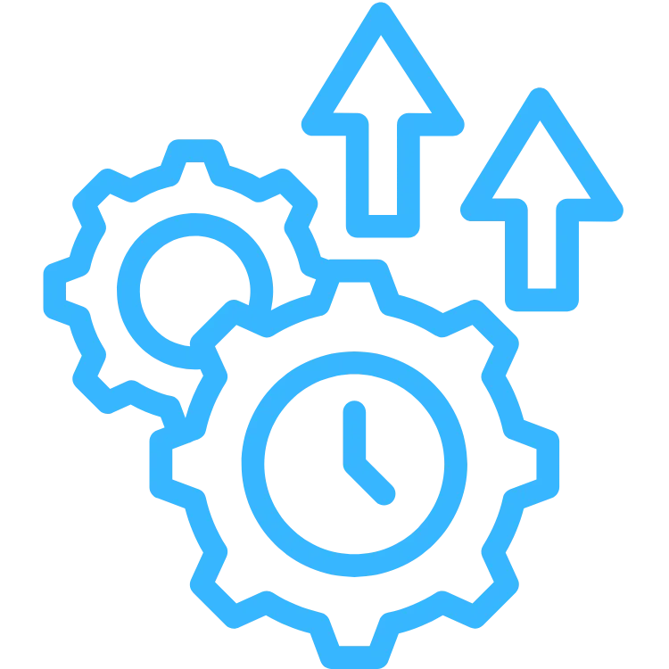 Blue gears with arrows indicating growth and a clock, symbolizing efficiency and automation for marketing solutions.