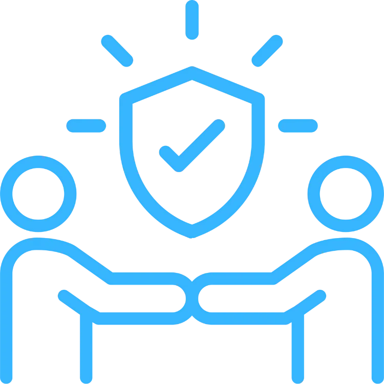 Two simplified figures shaking hands, symbolizing trust and partnership, with a shield icon featuring a check mark above, representing integrity and reliable guidance in business.