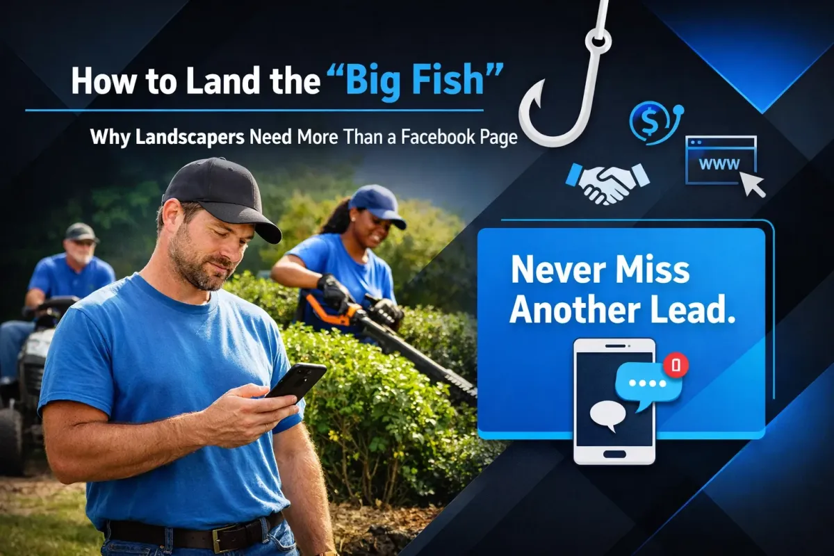 Landscaping contractor using phone while crew works on commercial property