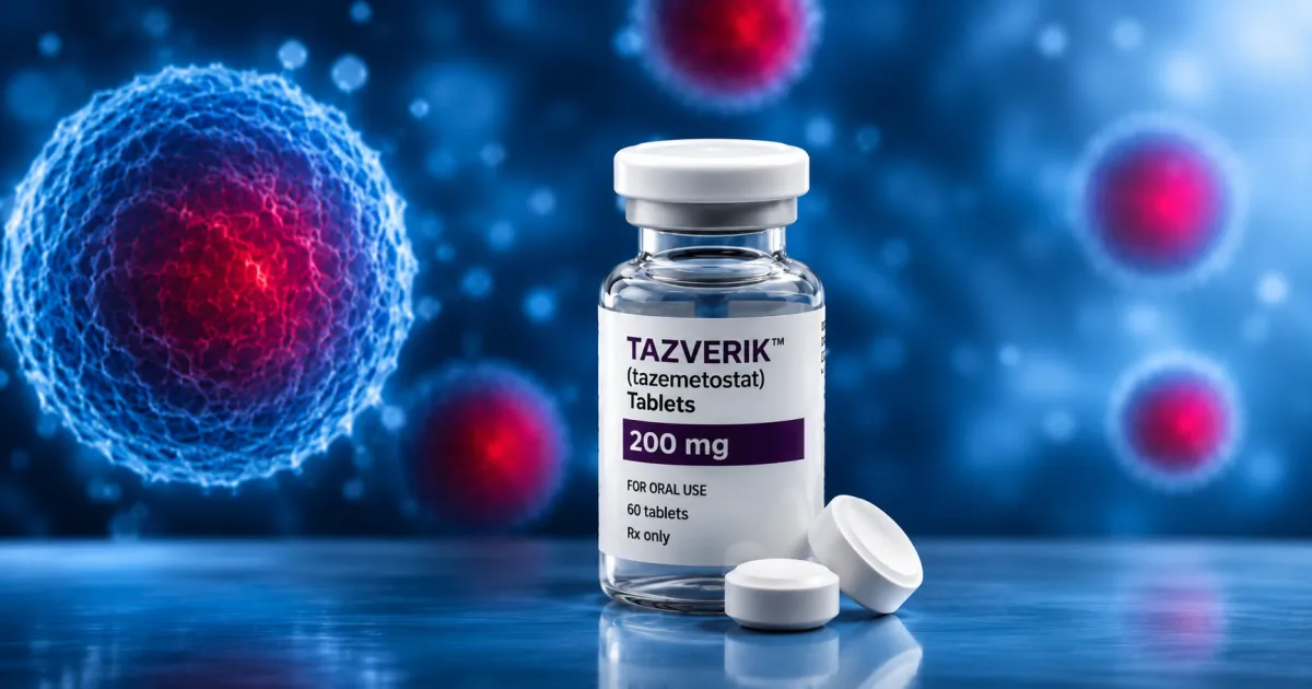 Tazverik prescription medication bottle with medical imagery representing cancer treatment risks