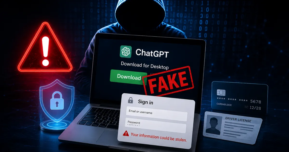 Cybersecurity illustration depicting a fake ChatGPT download scam, phishing attempt, identity theft risks, and online fraud warning signs.