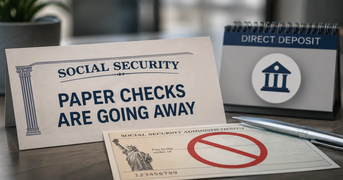 Graphic illustrating the end of Social Security paper checks and the transition to direct deposit for benefit payments.