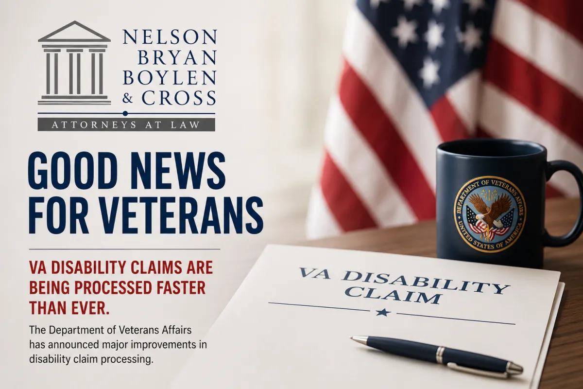 VA disability claim document on a desk beside a pen and Department of Veterans Affairs coffee mug, with an American flag in the background and text highlighting faster VA disability claims processing for veterans.