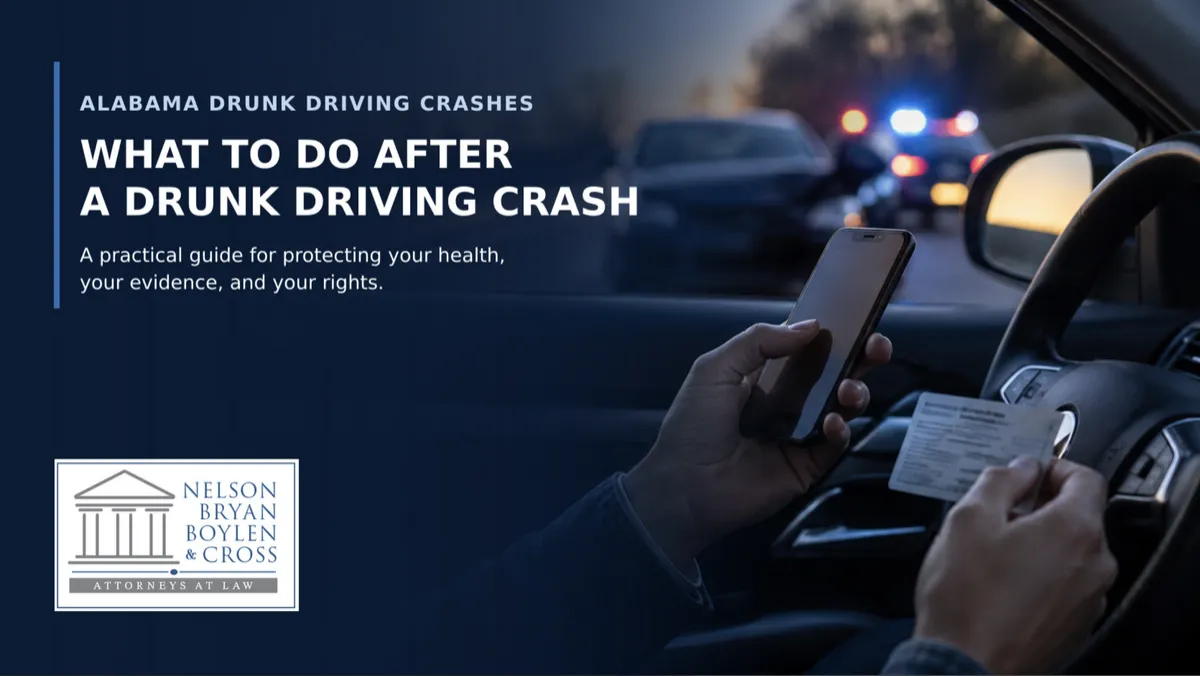 A driver holding a phone and insurance card inside a vehicle after a crash, with blurred police lights in the background and text reading, “What to Do After a Drunk Driving Crash.”
