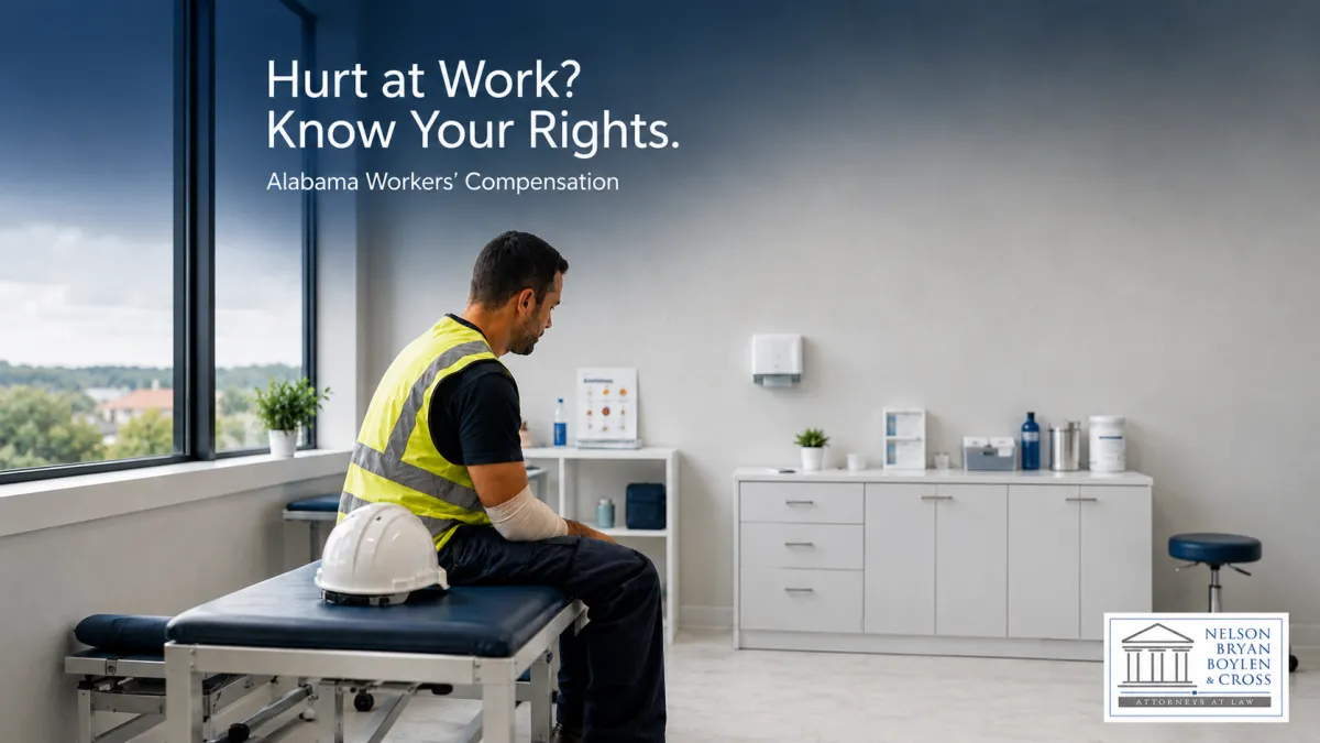 Injured construction worker with a bandaged arm sitting in an occupational health clinic beside a hard hat, with text reading “Hurt at Work? Know Your Rights.” and the Nelson, Bryan, Boylen & Cross logo.
