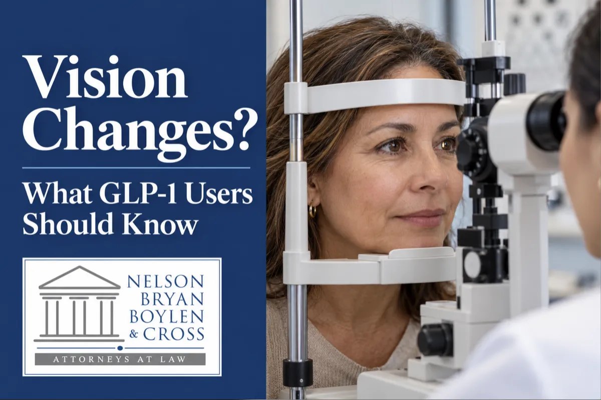 Woman receiving an eye examination through a slit-lamp microscope, with the text “Vision Changes? What GLP-1 Users Should Know” and the Nelson, Bryan, Boylen & Cross Attorneys at Law logo.