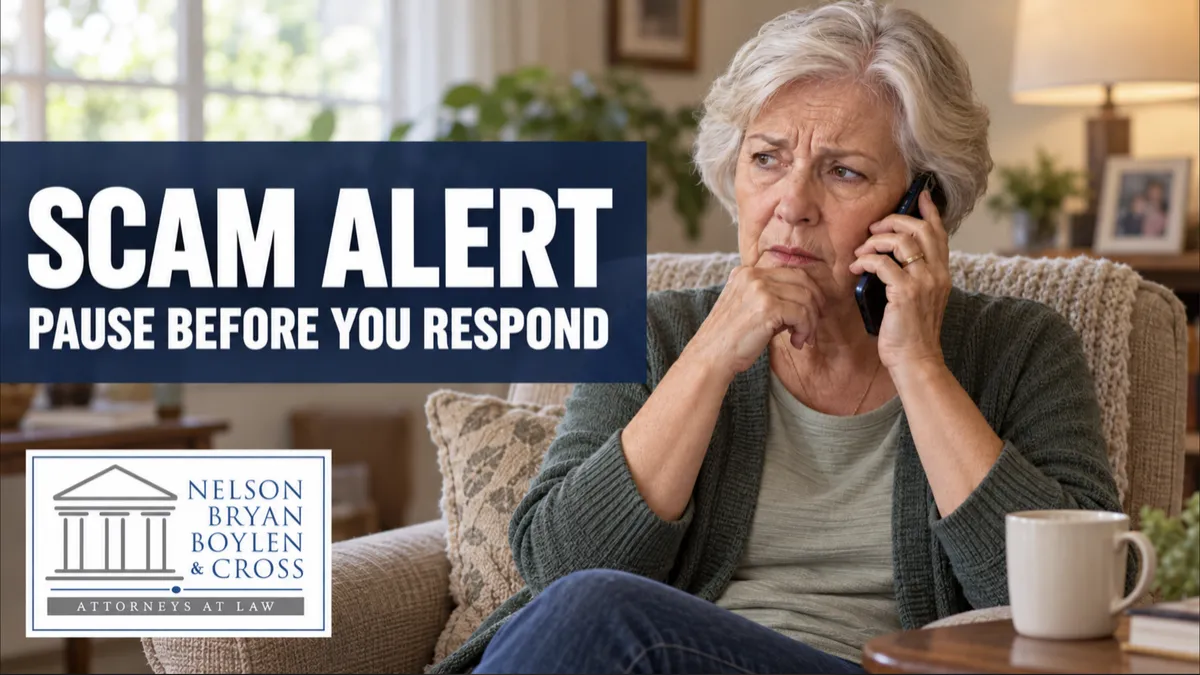 Older woman looking concerned while speaking on the phone about a possible scam beside a Scam Alert message from Nelson, Bryan, Boylen & Cross.
