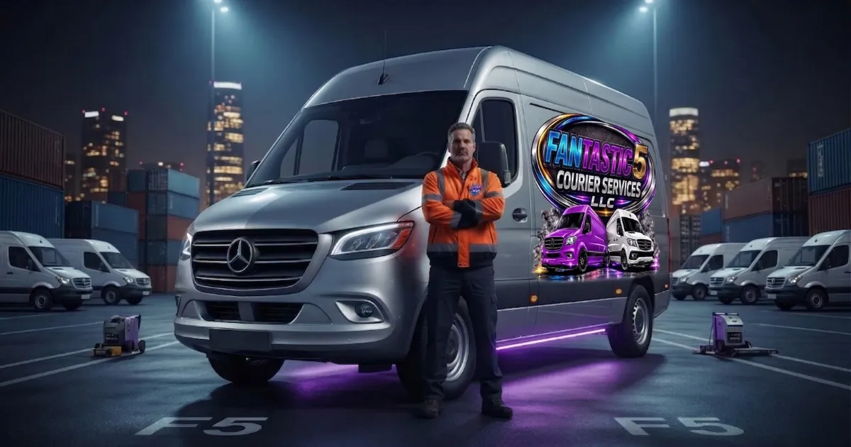 Professional truck driver standing next to modern truck at night with city lights