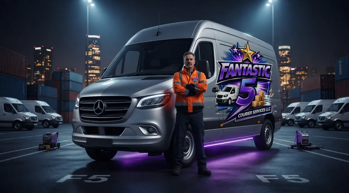 Professional truck driver standing next to modern truck at night with city lights