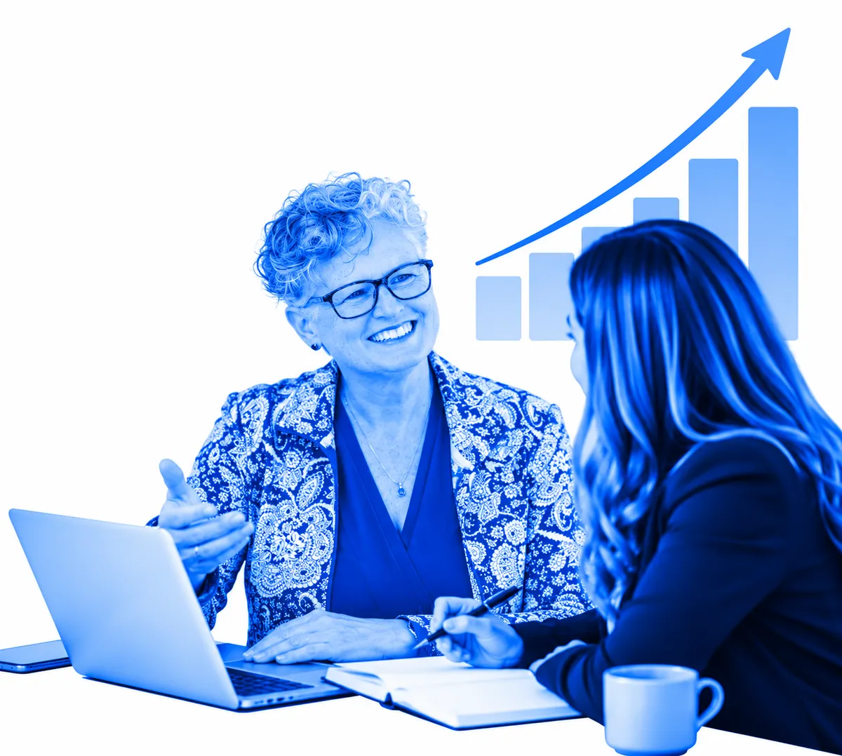 A professional business coach meets with a client to discuss strategy, goals, and opportunities for growth, represented by an upward-trending graph in the background.