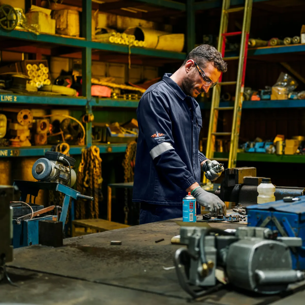 workshop overalls, safety boots