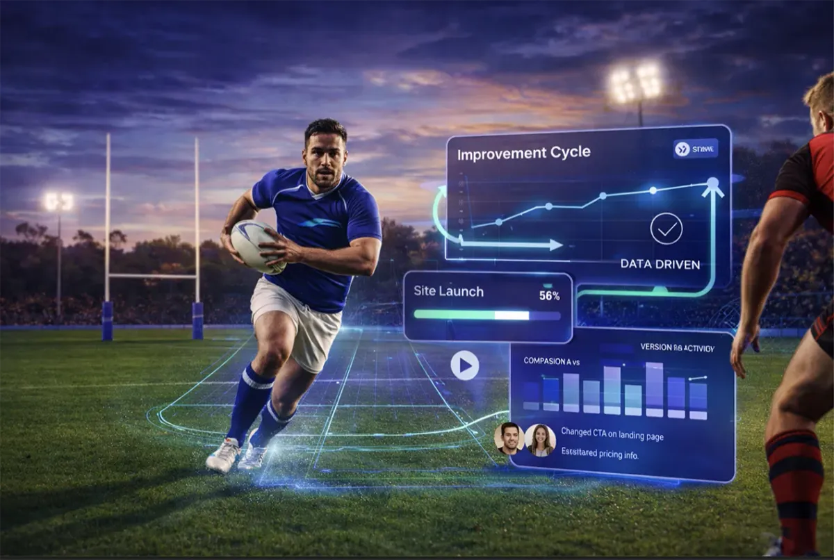 Rugby player advancing toward the gain line with data-driven design overlays showing continuous improvement and performance insights.