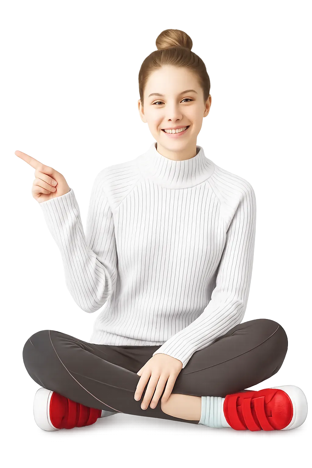 Một phụ nữ trẻ mặc áo len trắng cổ cao, ngồi khoanh chân trên nền đen và giơ tay chỉ sang trái
