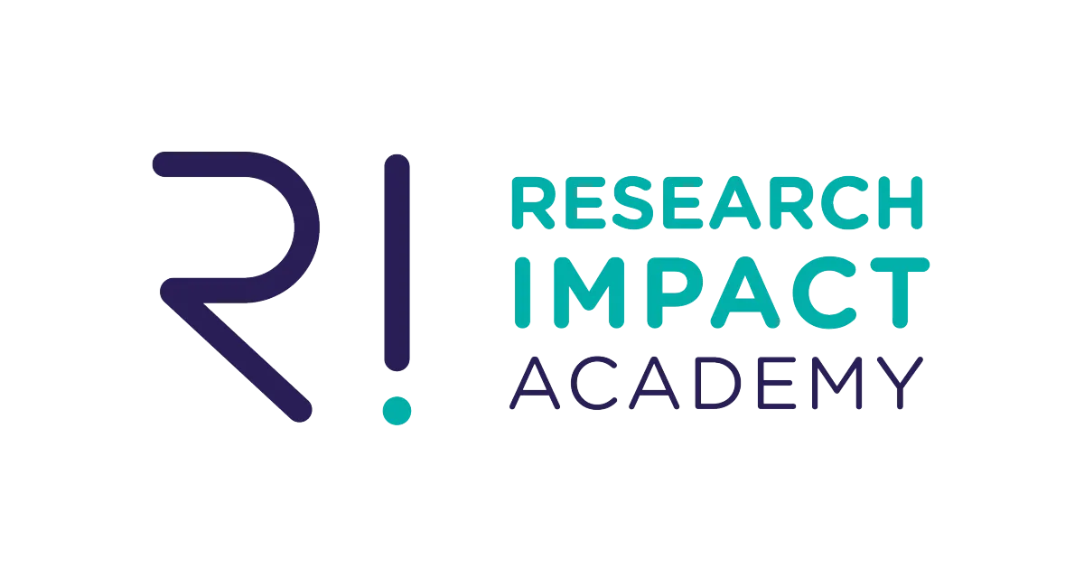 Research Impact Academy logo featuring a stylized purple ‘R!’ symbol beside the words ‘Research Impact Academy’ in teal and dark purple text on a transparent background.