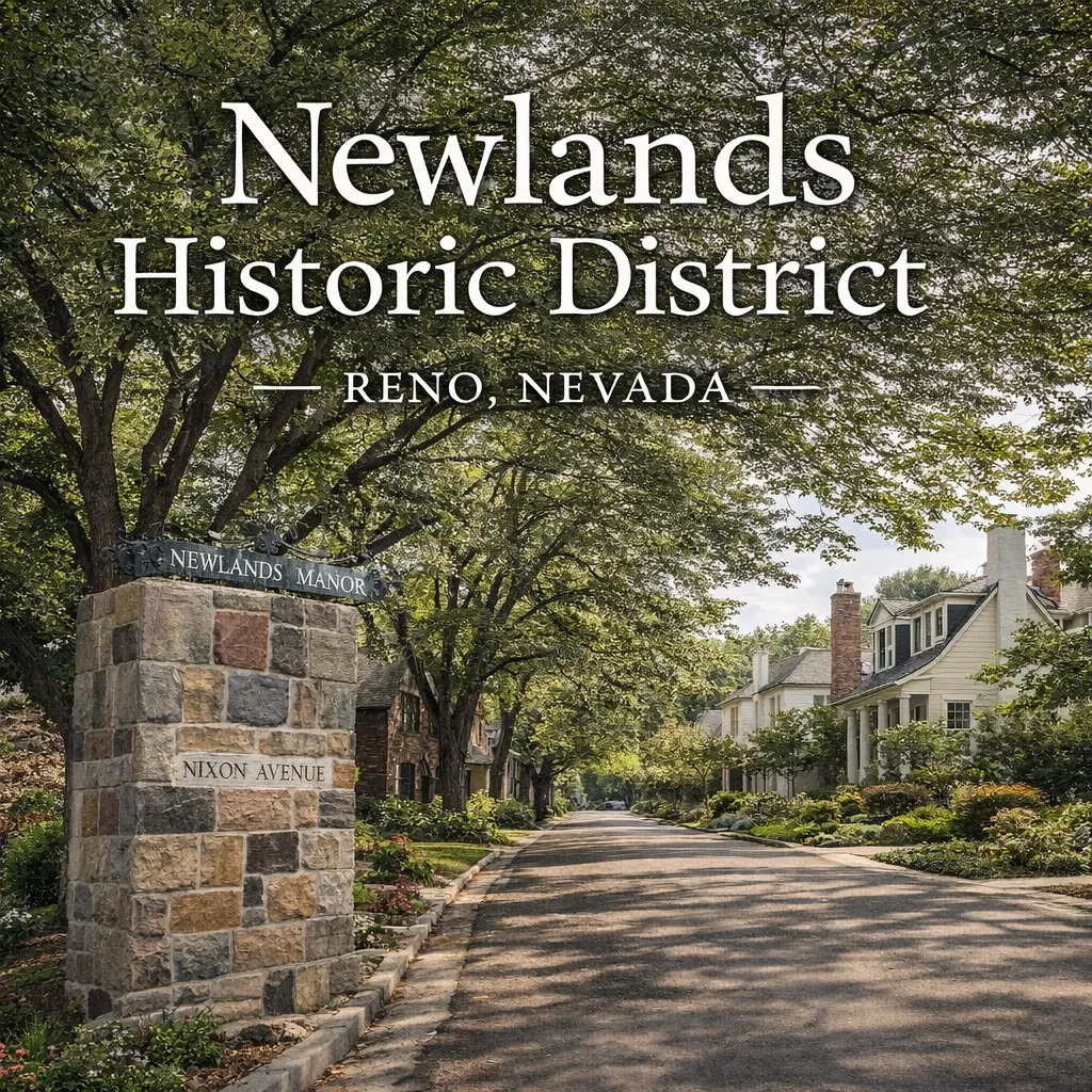 Tree-lined street in Newlands Historic District Reno featuring historic homes, mature landscaping, and neighborhood charm