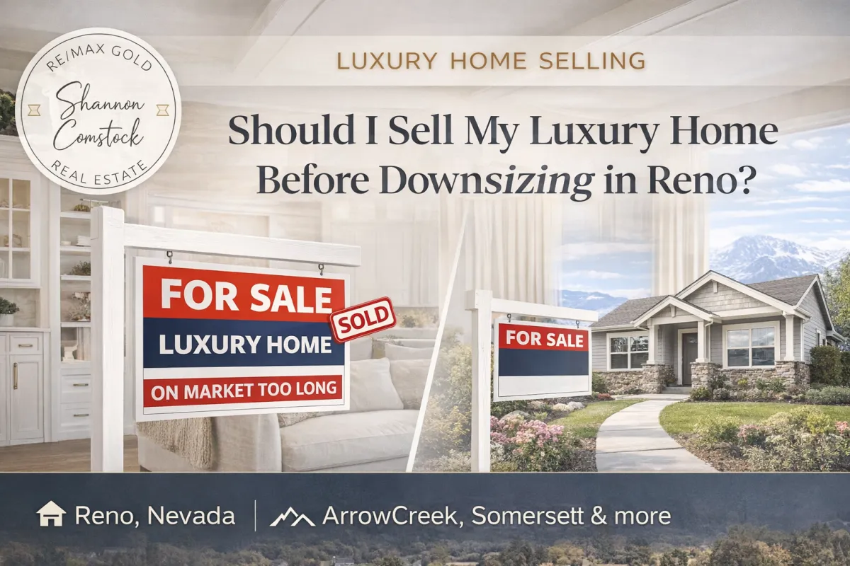 Should you sell your luxury home before downsizing in Reno Nevada showing luxury home sale strategy and downsizing decision process