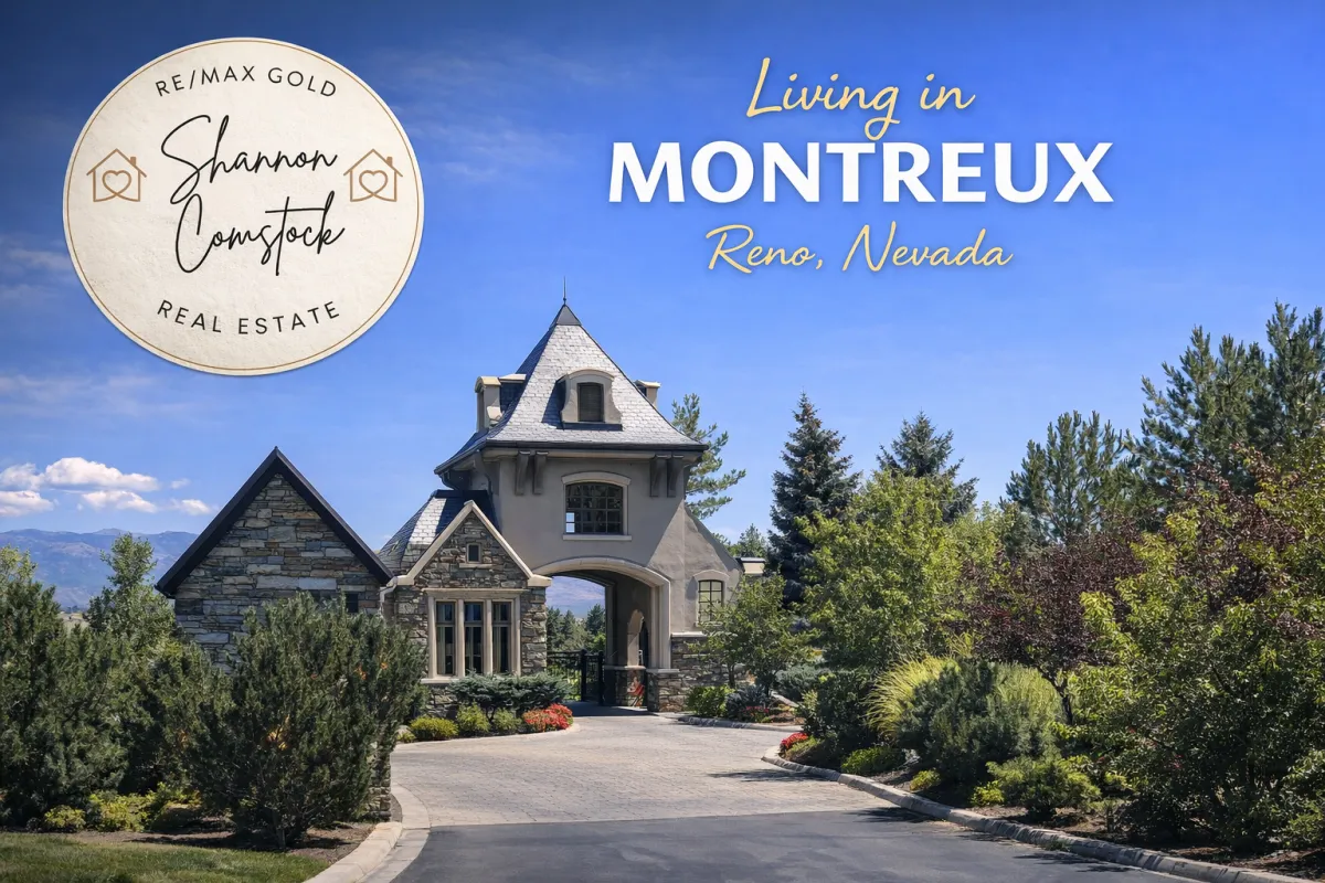 Montreux gated community entrance in Reno Nevada with luxury guardhouse and Shannon Comstock real estate branding