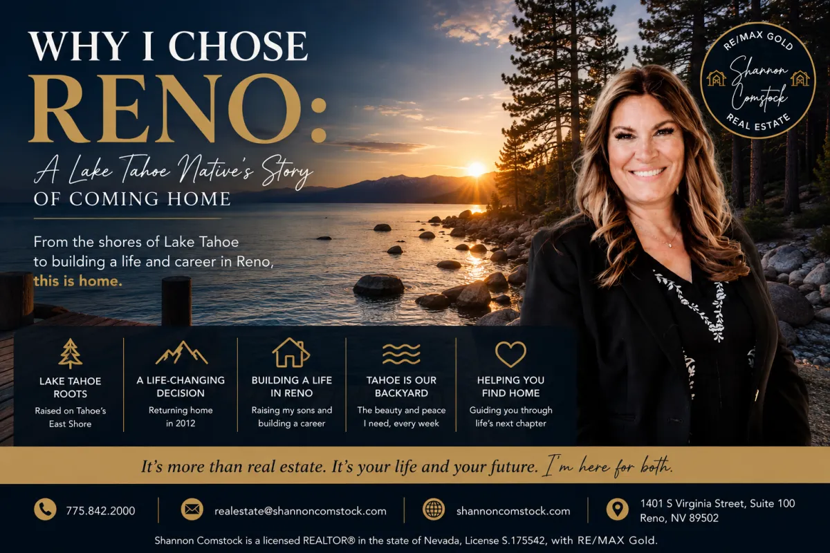 Shannon Comstock, Reno Nevada luxury real estate agent, standing near Lake Tahoe where she grew up before returning to build her career in Reno.