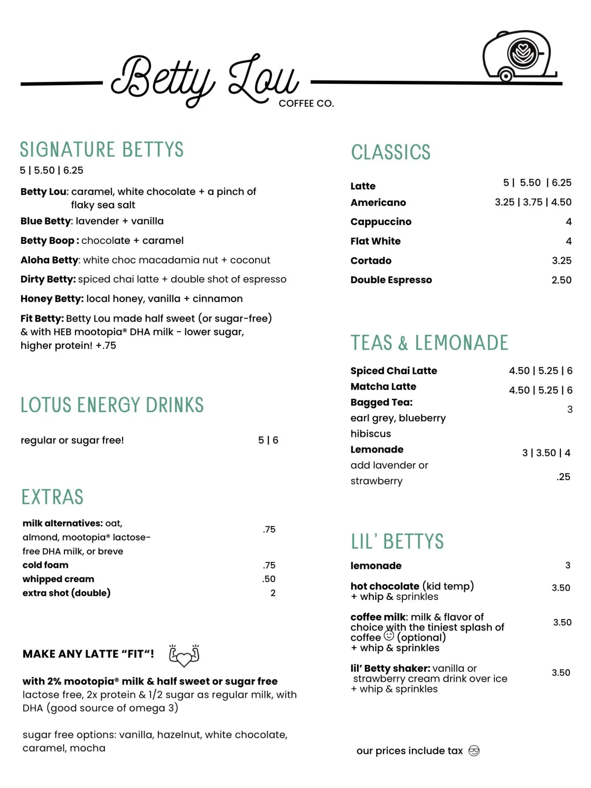 Betty Lou Coffee Co Menu