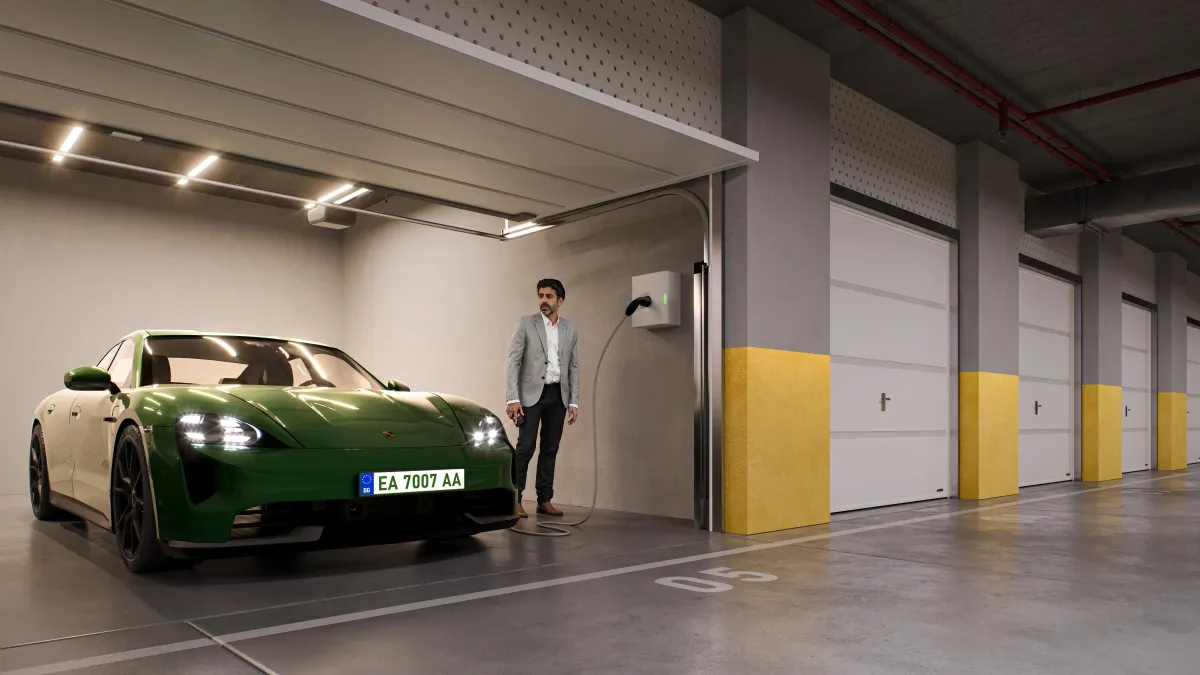 3D render showing Person next to Porsche