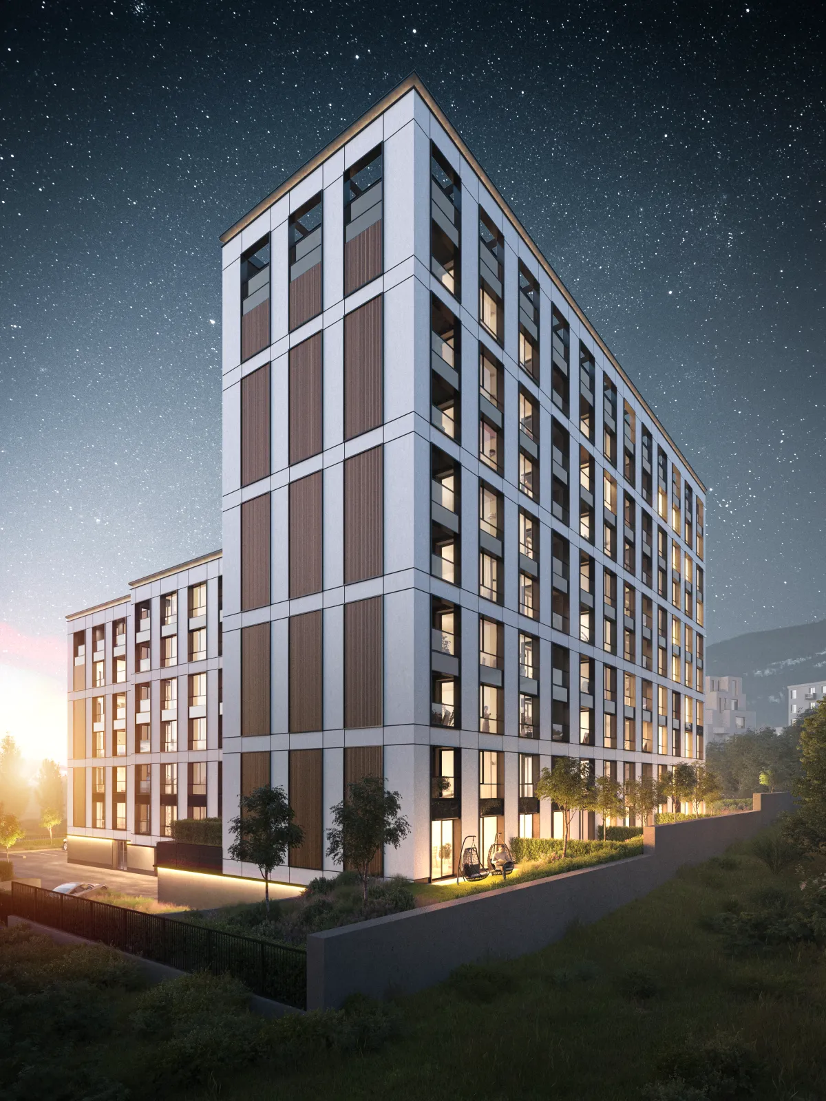 3D render of residential building in night time