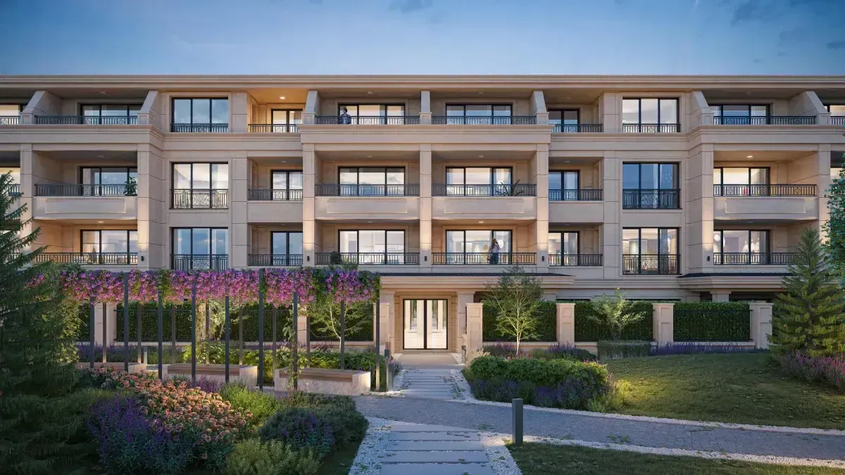 3D Render of building in the evening hours from central position