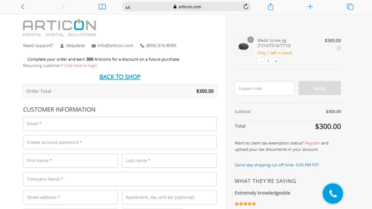 Articon Check out page