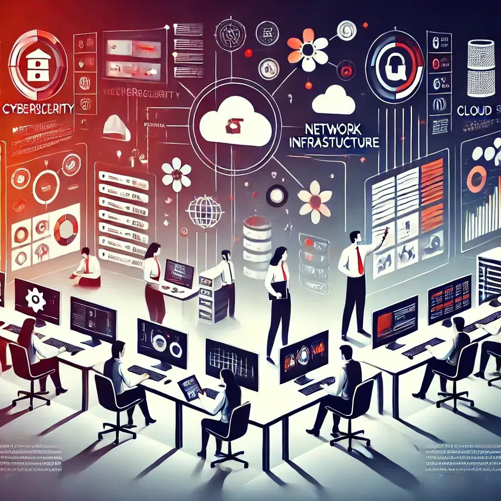 Illustration of IT professionals managing network infrastructure in a high-tech workspace, featuring icons for cybersecurity, cloud services, and data analytics. The color scheme is white, neon red, and black amber, representing reliability and efficiency in managed IT services.
