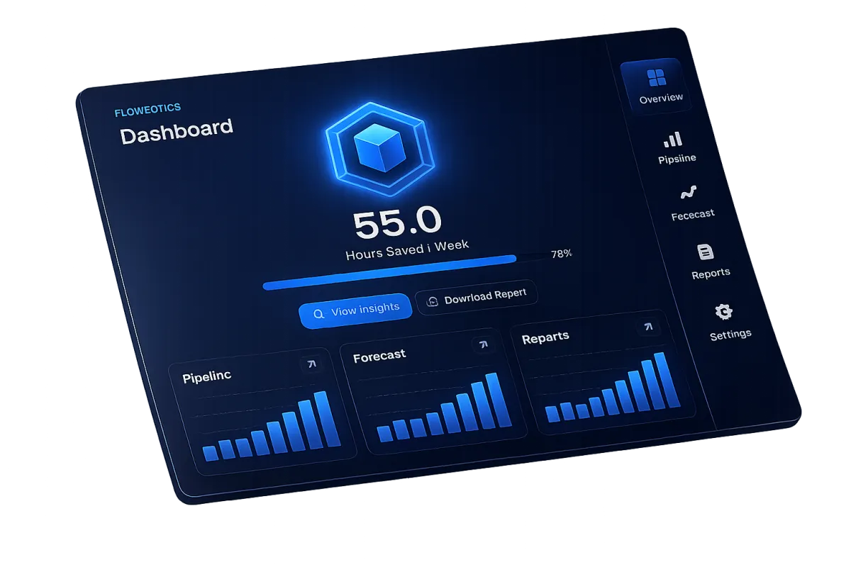 FLOWBOTICS Dashboard mockup showing Hours Saved / Week KPI and readable sidebar, in dark navy with blue accents