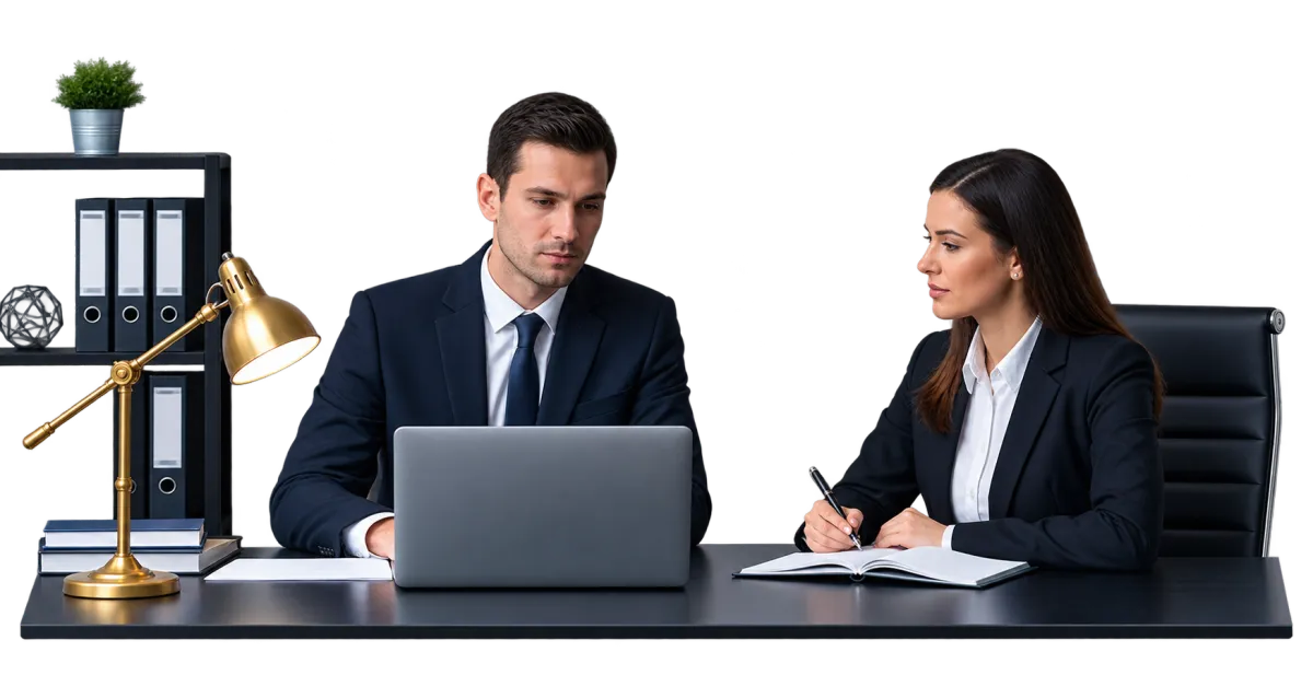 Lawyer and client in a modern cinematic setting