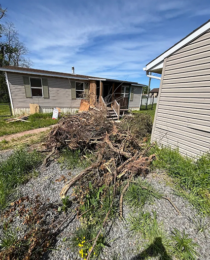 Pile of tree branches and yard debris outside a home before brush removal service
