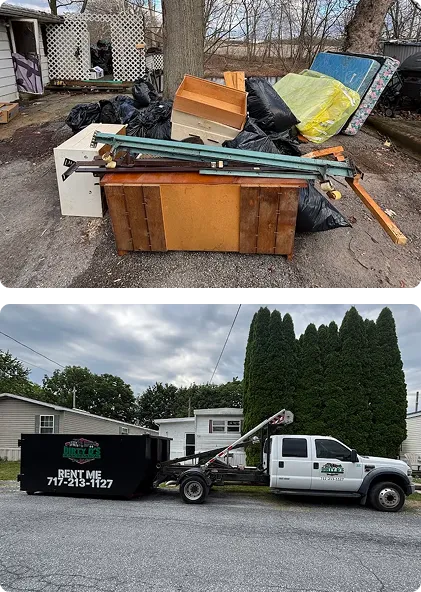 Curbside pile of furniture and trash bags ready for pickup, with Dirty D's dumpster rental truck arriving on site