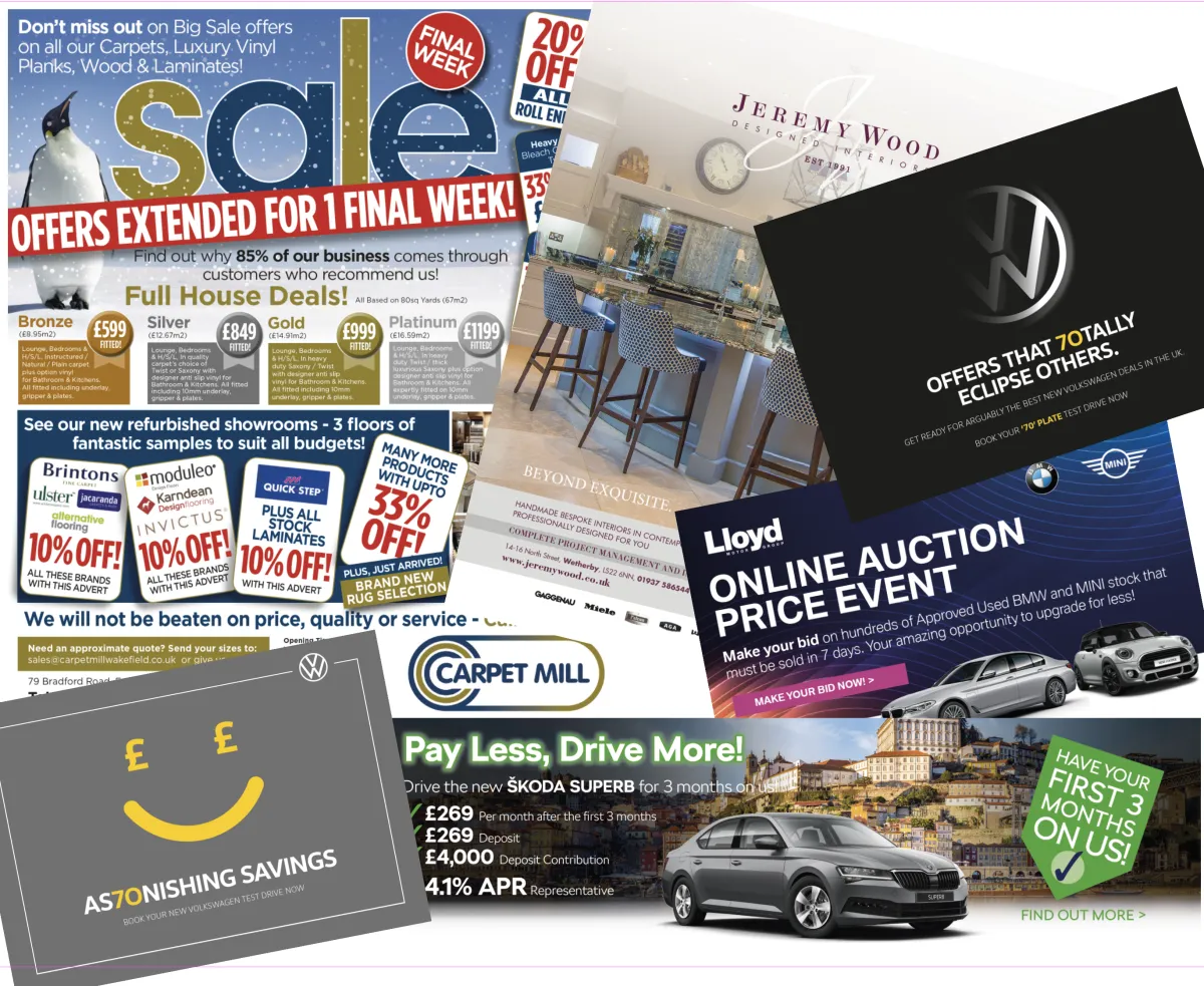 Colourful display of a range of magazines, business cards and leaflets on a blank background. Mostly showcasing vehicle offers or themes.