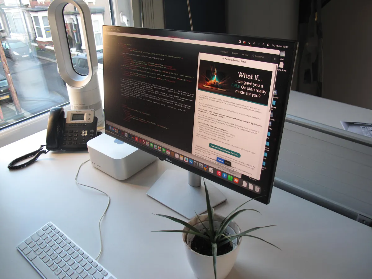 A computer monitor on an office desk with an Aloe Vera plant and landline phone.