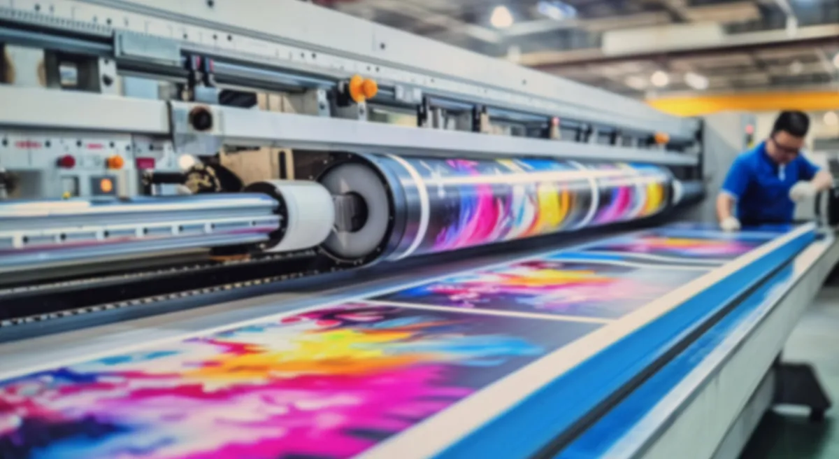 A large, industrial level printer printing colourful pages with pinks, yellows and blues. 