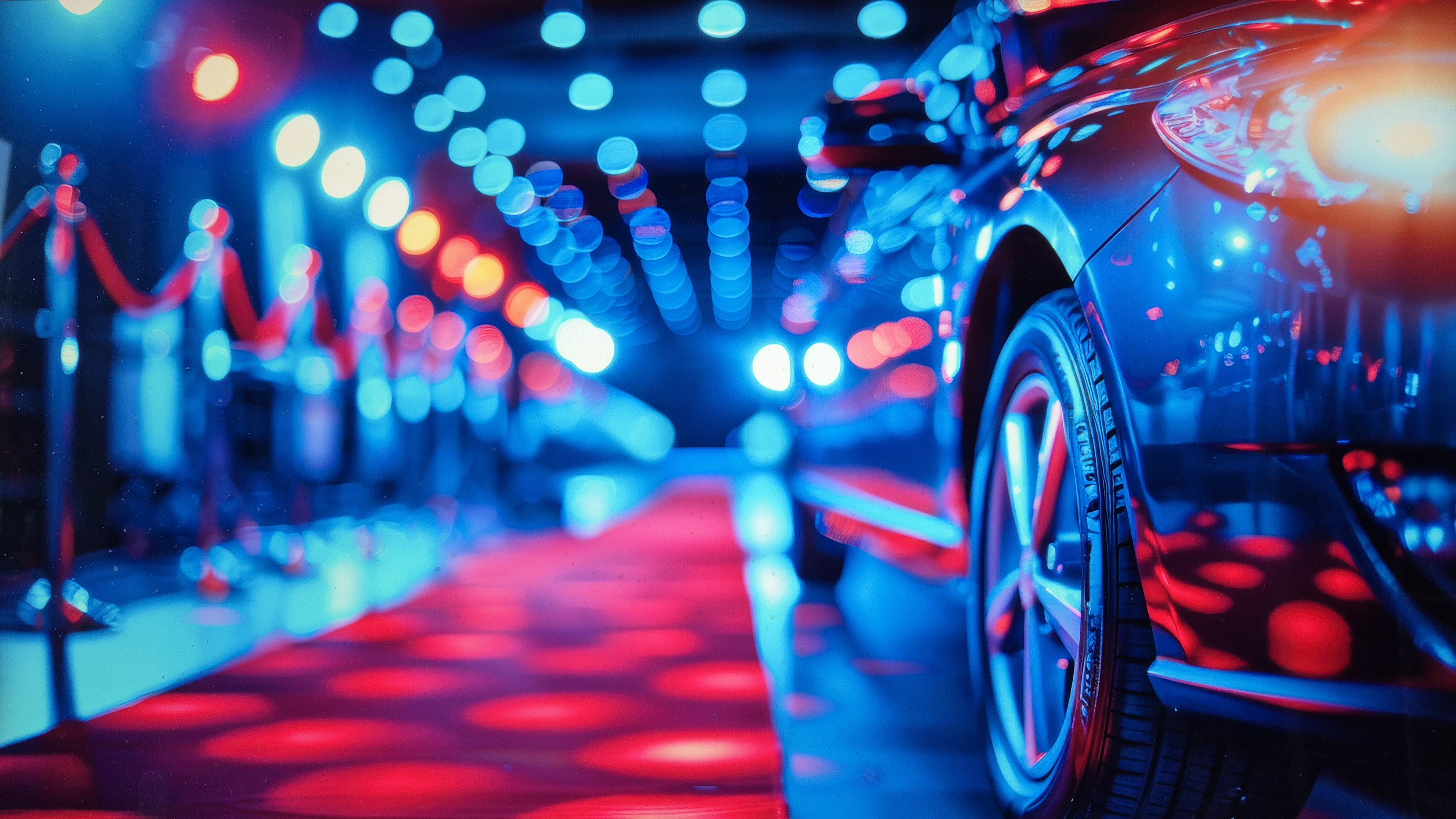 Cars in a showroom with blurred people in the middle distance