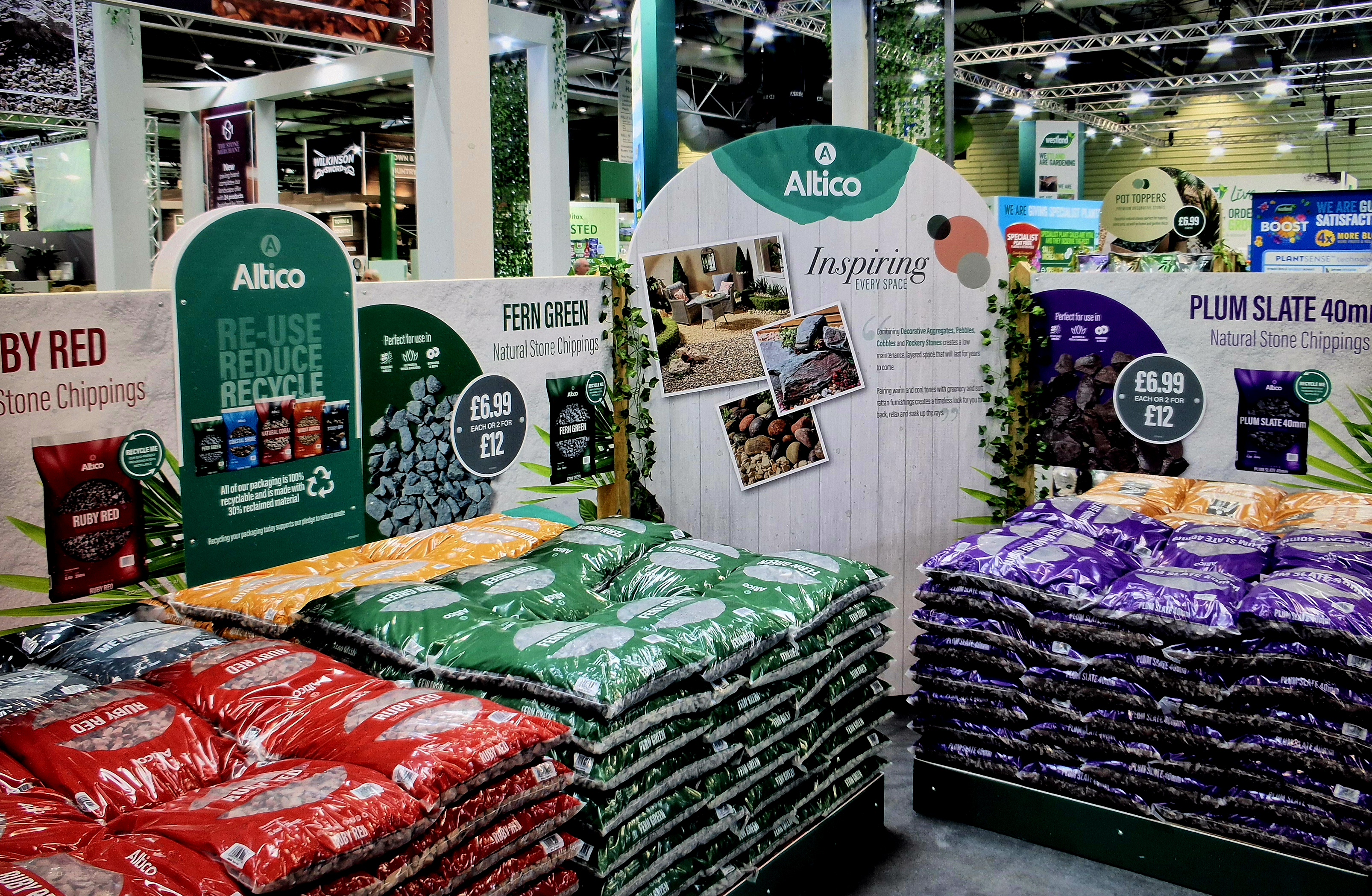 Piles of bags of compost in red, green and purple inside a garden centre, surrounded by signs showing information about each product.