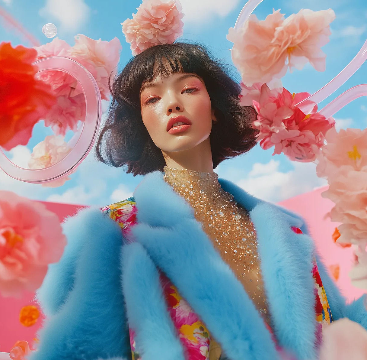 Woman in a blue faux fur coat against a pink floral sky, Her AI Success brand visual