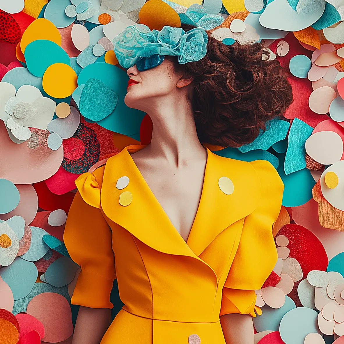 Woman lying among colourful paper cut-out shapes, Her AI Success brand visual