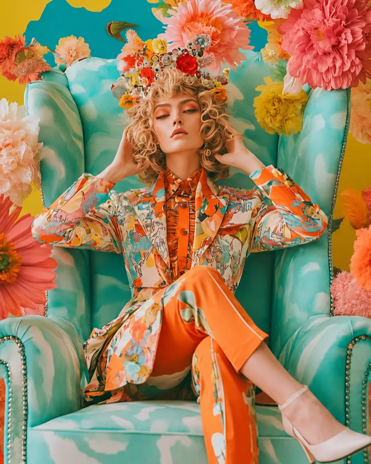Woman in a patterned suit seated in a floral armchair, Her AI Success brand visual