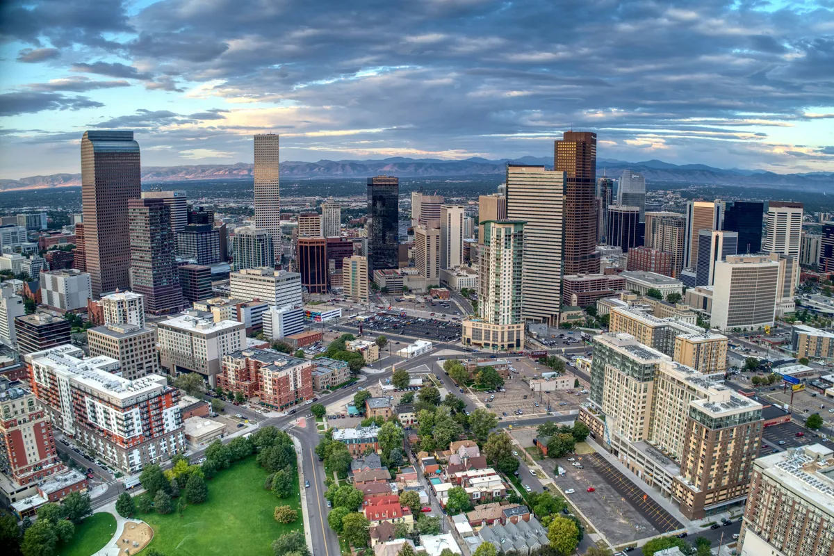 Aerial view of downtown Denver skyline with mountains in the backgroundAerial photo of downtown Sacramento