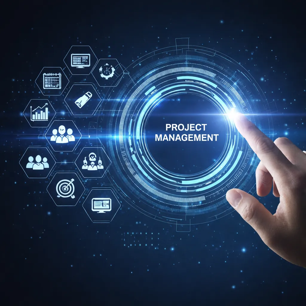 Project governance boardroom with a project manager pointing to a timeline on a screen while engineers annotate specs, illustrating oversight, clarity and coordination.