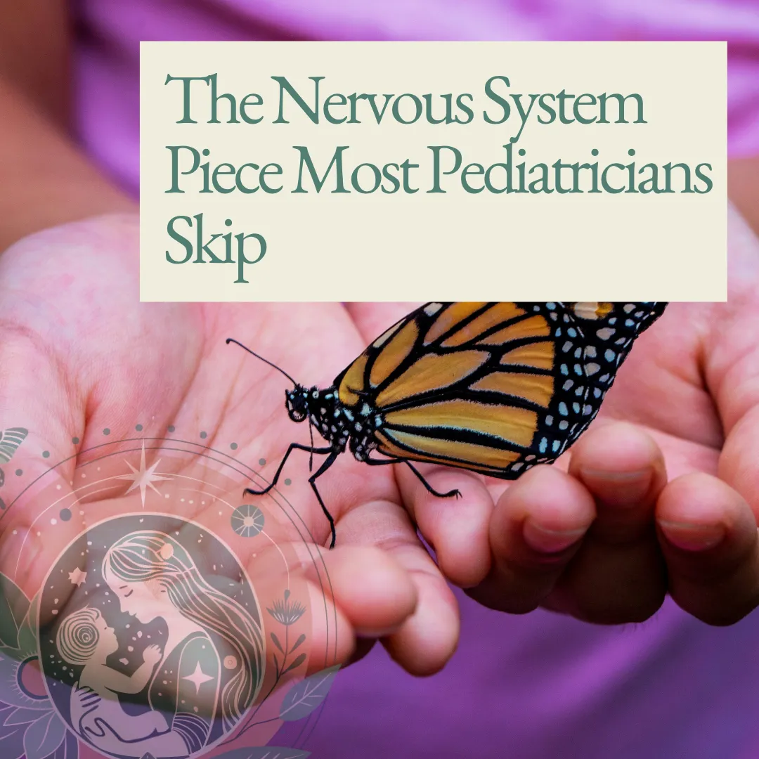 A child's open hands gently holding a monarch butterfly, against a soft purple background.